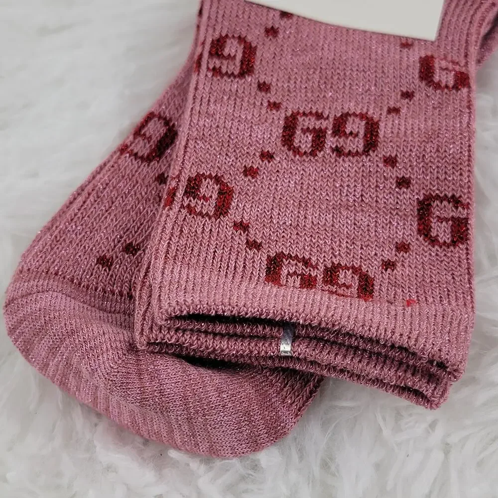 Gucci Crew Socks Unisex GG Logo Metallic 100% Authentic Pink Red Luxury New